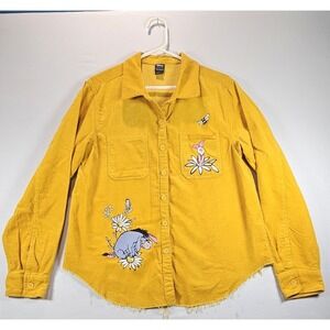 OUR Disney Winnie Pooh Corduroy XL Yellow Gold Button Up Raw Hem Embroidered